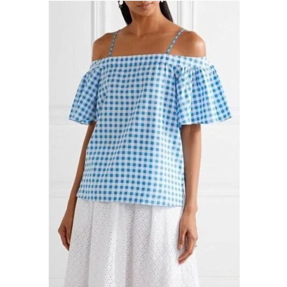 Draper James x Net a Porter Blue White Gingham Off-Shoulder Top XS Cotton Silk - Picture 7 of 8